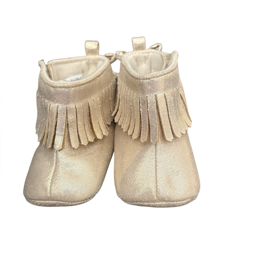 Rising Star‎ Baby Crib Shoes Gold Fringe Moccasins Size 9-12 4.5” Soft Sole